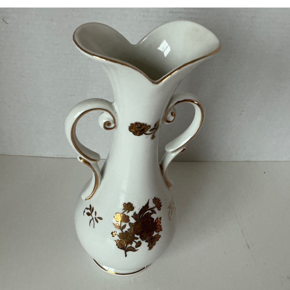 Arnart Vintage Bud Vase Gold Floral Double Handle White Porcelain Japan 8in
